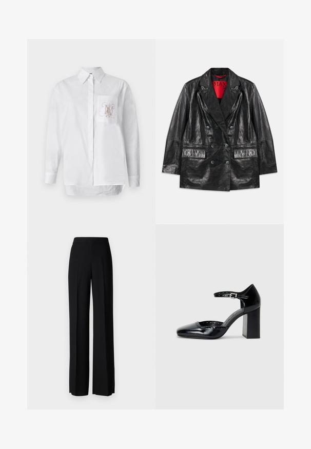 Sacou negru din piele ecologică, cu două rânduri de nasturi și rever în formă de vârf, două buzunare frontale și o textură netedă, lucioasă. Căptușeală roșie vizibilă în interior.; Cămașă albă, cu nasturi, din bumbac, având un buzunar pe pieptul stâng cu un monogram brodat în maro deschis. Mâneci lungi și tiv drept.; Pantaloni negri cu picioare largi, cu o textură netedă, având o talie înaltă și pliseuri centrale. Fără modele vizibile sau detalii de hardware.; Pantofi cu toc înalt din piele lăcuită neagră, cu vârf pătrat, curea pentru gleznă și toc gros. Include detalii perforate de-a lungul marginii.