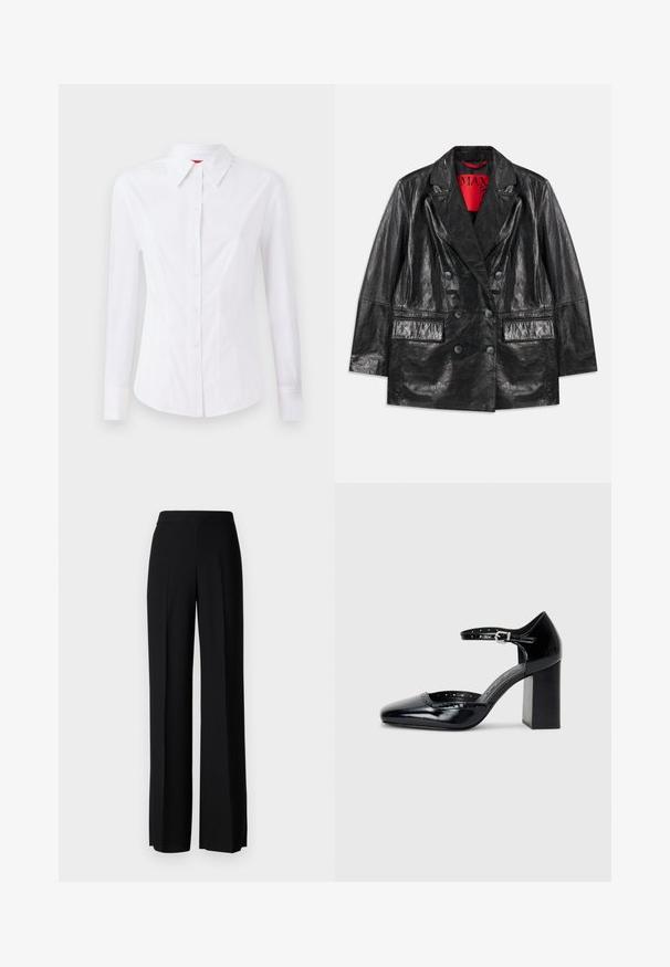 Must musta nahkaga kahekordne jope, millel on teravad kraed, kaks esist pocketit ja sile, läikiv tekstuur. Siseruumis on nähtav punane vooder.; Valge pikkade varrukatega särk terava kraega, ees nupuga kinnitatud ja keha lähedalt lõigatud. Sile puuvillane kangas peente õmblusdetailidega.; Mustad laiad püksid mustas värvitoonis, sujuva tekstuuri ja kõrge vöökoha ning keskmiste voldikutega. Ilma nähtavate mustrite või tarvikute detailideta.; Mustad lakknahk kingad kõrge kontsaga, ruudukujulise varbaga, pahkluu rihmaga ja paksu kontsaga. Sisaldab perforatsioonidega detaile ääres.