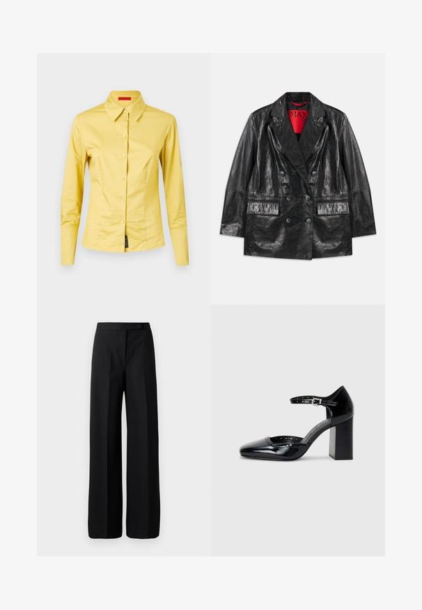Črn umetni usnjeni blazer dvojnim zapenjanjem s šiljastimi reversi, dvema sprednjima žepoma in gladko, sijočo teksturo. Rdeča podloga vidna znotraj.; Dolge rokave rumena srajca s gumbi in koničastim ovratnikom, gladka tkanina in črn oznak pod levim spodnjim robom.; Široke črne hlače z gladko, mat teksturo. Ravno pasu brez vidnih kovinskih delov ali vzorcev. Preprost in eleganten dizajn.; Črne lakirane usnjene čevlje s peto, kvadratnim izrezom, trakovi okrog gležnja in masivno peto. Vsebujejo perforirane detajle ob robu.