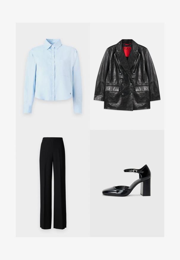 Black faux leather double-breasted blazer with peaked lapels, two front pockets, and a smooth, glossy texture. Red lining visible inside.; Light blue, long-sleeved cropped shirt with a button-down collar, single chest pocket, and subtle logo on the lower side. Smooth texture.; Black wide-leg trousers with a smooth texture, featuring a high waistband and center pleats. No visible patterns or hardware details.; Black patent leather high-heeled shoes with a square toe, ankle strap, and a chunky heel. Includes perforated detailing along the rim.