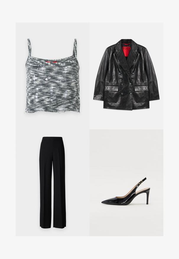 Sacou negru din piele ecologică, cu două rânduri de nasturi și rever în formă de vârf, două buzunare frontale și o textură netedă, lucioasă. Căptușeală roșie vizibilă în interior.; Top scurt din tricot gri, cu bretele subțiri, având un design deteriorat cu multiple găuri și un tiv lejer. Accentuare roșie la decolteu.; Pantaloni negri cu picioare largi, cu o textură netedă, având o talie înaltă și pliseuri centrale. Fără modele vizibile sau detalii de hardware.; Pantofi slingback din piele patent neagră, cu vârful ascuțit, tocul subțire și un design discret cu decupaj. Se evidențiază printr-un cataramă aurie pe curea.