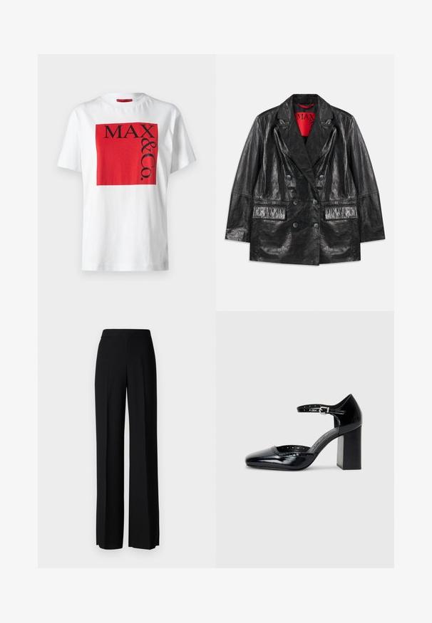 Zwarte faux leren doublé blazer met gelapte revers, twee voorzakken en een gladde, glanzende textuur. Rode voering zichtbaar aan de binnenkant.; Witte katoenen t-shirt met een gedurfde rode rechthoekige grafiek met zwarte tekst "MAX & Co." in verschillende groottes, comfortabele pasvorm, korte mouwen.; Zwarte wijde broek met een gladde textuur, voorzien van een hoge tailleband en middelste plooien. Geen zichtbare patronen of hardware-details.; Zwarte lakleren hoge hakken met een vierkante neus, enkelbandje en een chunky hak. Inclusief geperforeerde details langs de rand.