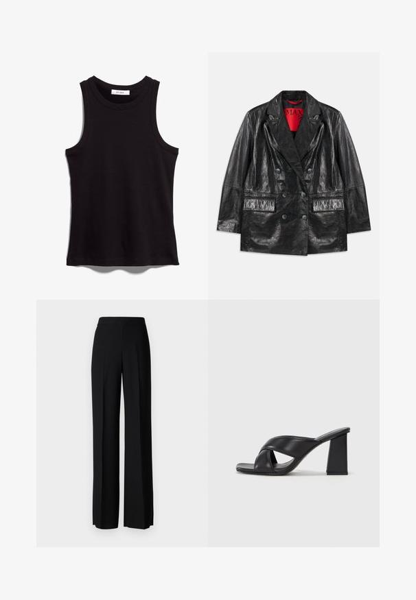 Musta tekonahkainen kaksirivinen bleiseri jossa on huiputetut kaulukset, kaksi etutaskua ja sileä, kiiltävä pinta. Punainen vuori näkyy sisällä.; Mustat hihattomat paidat, jotka on valmistettu ribbitetusta kankaasta. Ominaisuuksiin kuuluvat pyöreä kaula-aukko ja leveät kädenteitseet. Suora helma, jossa on ommeltu yksityiskohtia. Yksinkertainen muotoilu.; Mustat leveälahkeiset housut, joissa on sileä pinta, korkea vyötärö ja keskiset laskokset. Ei näkyviä kuvioita tai metalliosia.; MAX&Co. SOHO - Korolliset sandaalit - schwarz