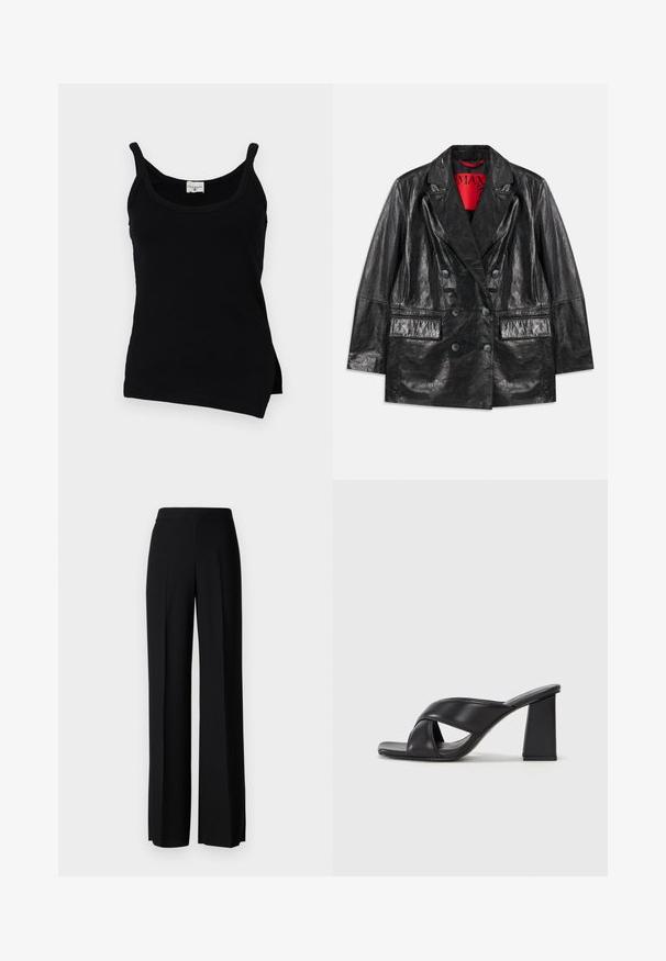 Juodas dirbtinės odos dvigubos eilės švarkas su iškiliais atlapais, dviem priekinėm kišenėm ir lygiu, blizgančiu paviršiumi. Matoma raudona pamušalo spalva viduje.; Juodas guliukas su plonomis petnešomis, kreiva apatine dalimi ir šoninėmis plyšomis. Medžiaga atrodo lygi ir šiek tiek elastinga. Prekės ženklo etiketė matoma prie kaklo.; Juodi platūs kelnių kelnės su lygiu paviršiumi, turinčios aukštą liemenį ir centrinės raukšlės. Nėra matomų raštų ar metalinių detalių.; MAX&Co. SOHO - Aukštakulniai sandalai - schwarz