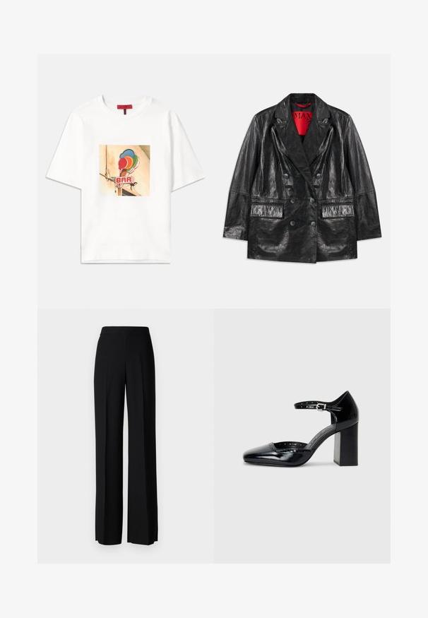 Black faux leather double-breasted blazer with peaked lapels, two front pockets, and a smooth, glossy texture. Red lining visible inside.; White cotton t-shirt featuring a square graphic with colorful ice cream cones and the word "BAR" in red, positioned centrally on the front.; Black wide-leg trousers with a smooth texture, featuring a high waistband and center pleats. No visible patterns or hardware details.; Black patent leather high-heeled shoes with a square toe, ankle strap, and a chunky heel. Includes perforated detailing along the rim.