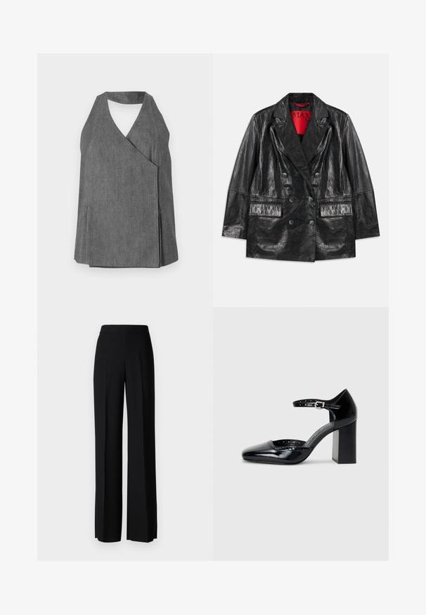 Zwarte faux leren doublé blazer met gelapte revers, twee voorzakken en een gladde, glanzende textuur. Rode voering zichtbaar aan de binnenkant.; Grijze spijkerstof haltertop met een wikkelontwerp, voorzien van een V-hals en zijsplitten. Gladde textuur met subtiele stiksels.; Zwarte wijde broek met een gladde textuur, voorzien van een hoge tailleband en middelste plooien. Geen zichtbare patronen of hardware-details.; Zwarte lakleren hoge hakken met een vierkante neus, enkelbandje en een chunky hak. Inclusief geperforeerde details langs de rand.