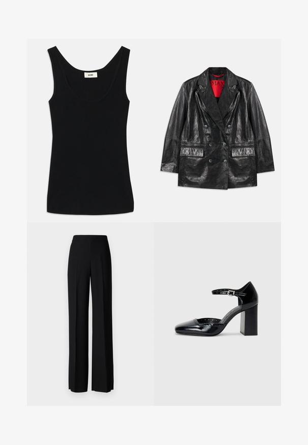 Črn umetni usnjeni blazer dvojnim zapenjanjem s šiljastimi reversi, dvema sprednjima žepoma in gladko, sijočo teksturo. Rdeča podloga vidna znotraj.; Črn top brez rokavov iz mehkega blaga s krojenim izrezom in širokimi naramnicami. Ima prilagojen kroj in čist, brezšiven dizajn.; Črne široke hlače z gladko teksturo, z visokim pasom in središnjimi pregibi. Brez vidnih vzorcev ali kovinskih detajlov.; Črne lakirane usnjene čevlje s peto, kvadratnim izrezom, trakovi okrog gležnja in masivno peto. Vsebujejo perforirane detajle ob robu.