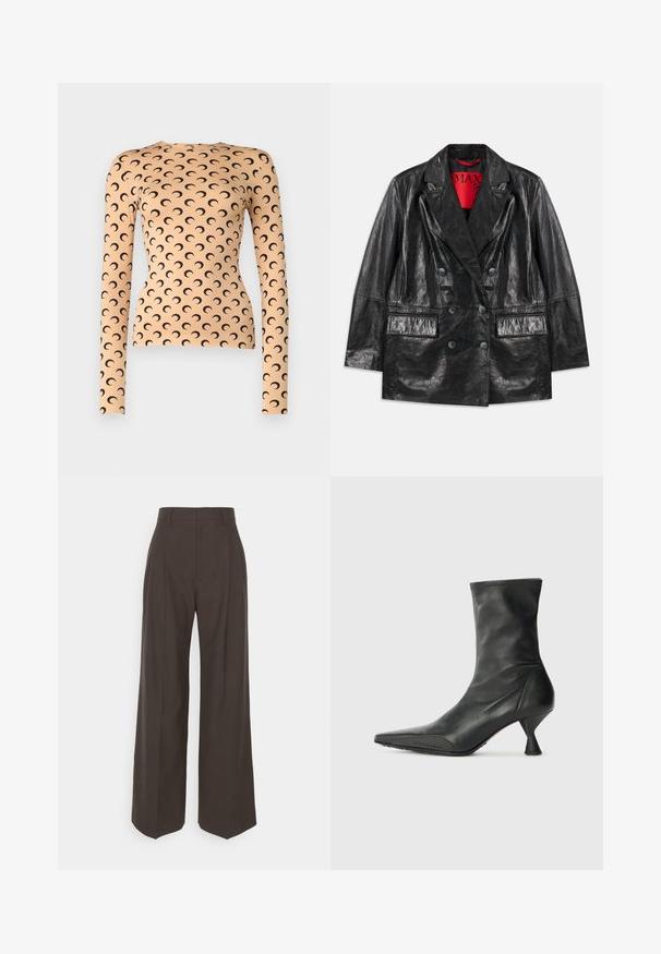 Musta tekonahkainen kaksirivinen bleiseri jossa on huiputetut kaulukset, kaksi etutaskua ja sileä, kiiltävä pinta. Punainen vuori näkyy sisällä.; Pitkähihaisessa paidassa on joustavaa kangasta, vaalean persikan värinen, mustalla puolikuun kuviolla kauttaaltaan ja pyöreä pääntie.; Tummanruskeat leveälahkeiset housut korkealla vyötäröllä, joissa on siistit prässäykset, sileä pinta ja muotoonommeltu istuvuus.; Musta nahkasaapas nilkkapituisena, teräväkärkinen, tekstuurilla varustettu kärki ja hoikka, kartiomainen korko. Sileä pinta, jossa on hienovaraisia ompeluyksityiskohtia.