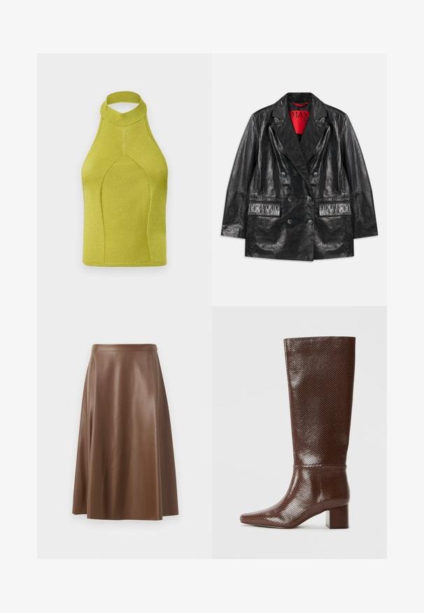 Black faux leather double-breasted blazer with peaked lapels, two front pockets, and a smooth, glossy texture. Red lining visible inside.; Knit halter top in vibrant lime green, featuring a high collar, seamless design, and ribbed texture, suitable for active wear.; Brown leather A-line skirt with a smooth texture and a mid-length hem. Features a fitted waistband and a slight flare from the hips.; Brown knee-high boot with a snakeskin texture, square toe, and block heel against a plain white background.