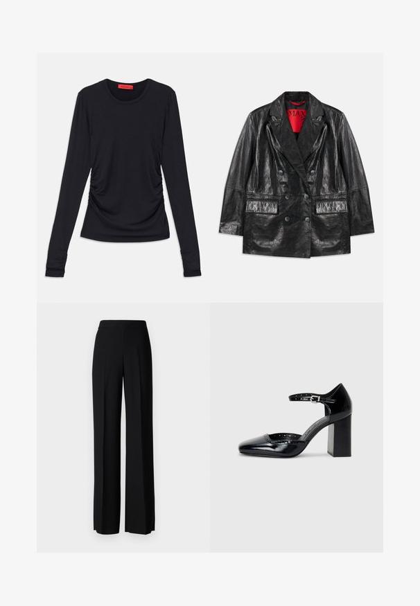Sort faux læder dobbeltbrystet blazer med spidse revers, to forlommer og en glat, blank overflade. Rød foring synlig indeni.; Sort langærmet top med rund halsudskæring, der har ruching detaljer på siderne og tætsiddende manchetter. Fremstillet af et glat, blødt stof.; Sorte vide benbukser med en glat tekstur, der har en høj talje og centerfolder. Ingen synlige mønstre eller hardware detaljer.; Sorte patenterede læder højhælede sko med firkantet tå, ankelrem og en kraftig hæl. Inkluderer perforerede detaljer langs kanten.