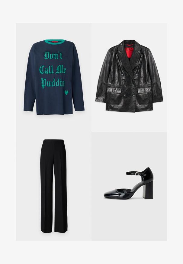 Schwarze Kunstleder-Doppelreiher-Blazer mit spitzen Revers, zwei Fronttaschen und einer glatten, glänzenden Textur. Rote Fütterung sichtbar im Inneren.; Marinefarbendes Langarm-T-Shirt aus Baumwolle, mit grüner dekorativer Schrift "Nenn mich nicht Puddin'" und einem grünen herzförmigen Akzent.; Schwarze weite Hosen mit einer glatten Textur, ausgestattet mit einem hohen Bund und mittleren Falten. Keine sichtbaren Muster oder Hardware-Details.; Schwarze patentierte Leder-High Heels mit quadratischer Zehenform, Knöchelriemchen und dicker Absatz. Enthält durchbrochene Details entlang des Randes.