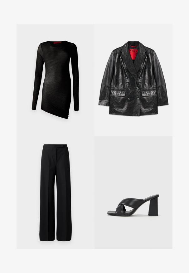 Sort faux læder dobbeltbrystet blazer med spidse revers, to forlommer og en glat, blank overflade. Rød foring synlig indeni.; Sort langærmet kjole med rund halsudskæring, lavet af letvægtsstof med en glat tekstur og asymmetrisk kant. Rød mærkevisning synlig.; Bredbenede sorte bukser med en glat, mat tekstur. Flad talje uden synligt hardware eller mønstre. Simpelt og elegant design.; MAX&Co. SOHO - Højhælede sandaletter / Højhælede sandaler - schwarz