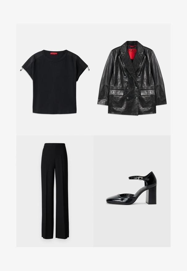 Sort faux læder dobbeltbrystet blazer med spidse revers, to forlommer og en glat, blank overflade. Rød foring synlig indeni.; Sort cropped t-shirt med rund hals. Har blødt stof med satinpaneler på skuldrene og snøre detaljer ved ærmerne.; Sorte vide benbukser med en glat tekstur, der har en høj talje og centerfolder. Ingen synlige mønstre eller hardware detaljer.; Sorte patenterede læder højhælede sko med firkantet tå, ankelrem og en kraftig hæl. Inkluderer perforerede detaljer langs kanten.