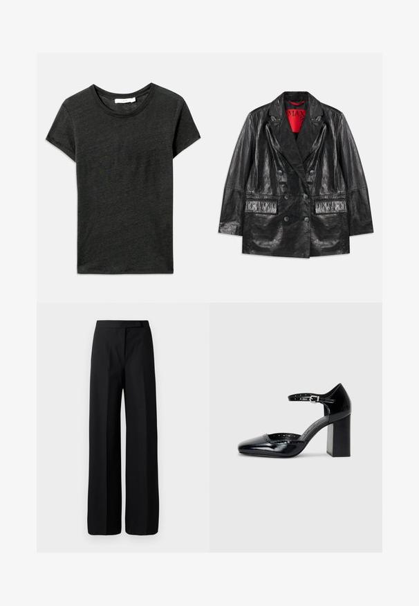 Must musta nahkaga kahekordne jope, millel on teravad kraed, kaks esist pocketit ja sile, läikiv tekstuur. Siseruumis on nähtav punane vooder.; Tumehall lühikese varrukaga T-särk, ümmarguse kaelusega, valmistatud pehmest, tekstuuriga kangast, millel on mugav lõige. Ilma nähtavate mustriteta või metalldetailideta.; Laiad mustad püksid sujuva, mati pinnaga. Tasane vöökoht ilma nähtava riistvara või mustriteta. Lihtne ja elegantne disain.; Mustad lakknahk kingad kõrge kontsaga, ruudukujulise varbaga, pahkluu rihmaga ja paksu kontsaga. Sisaldab perforatsioonidega detaile ääres.