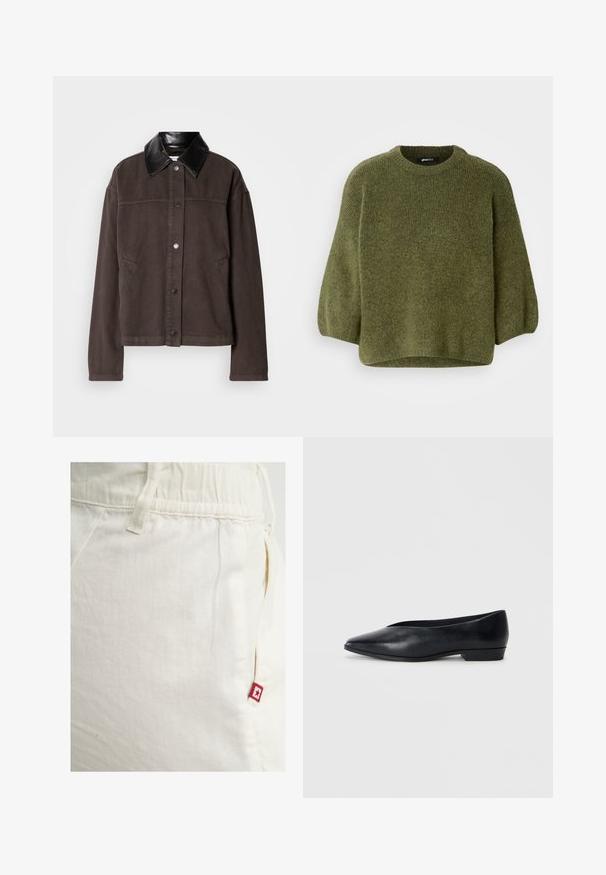 Bruine katoenen jas met een zwarte leren kraag, voorzijde met knoopsluiting, zijzakken en een comfortabele pasvorm.; Olijfgroene gebreide trui met een ronde halslijn, ballonnenmouwen en een licht verkorte zoom. Zachte textuur met een geribbelde structuur.; Crèmekleurige joggingbroek met een elastische tailleband en zijvak, voorzien van een klein rood label met een ster op de rechterzak.; Zwart leren platte schoen met een spitse neus, iets verhoogde hak en een glad oppervlak. Eenvoudig ontwerp zonder zichtbare hardware of patronen.