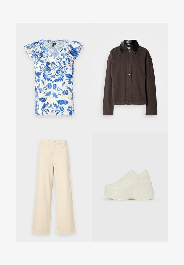 Brown cotton jacket with a black leather collar, front button closure, side pockets, and a relaxed fit.; Short-sleeve top featuring a floral pattern in blue on a cream background, with a v-neckline and ruffled accents along the shoulders.; Beige wide-leg jeans made of cotton. Features a button closure, belt loops, and front pockets with a smooth, soft texture.; White platform sneakers featuring a smooth leather-like upper, rounded shape, padded collar, and textured rubber sole with defined treads.