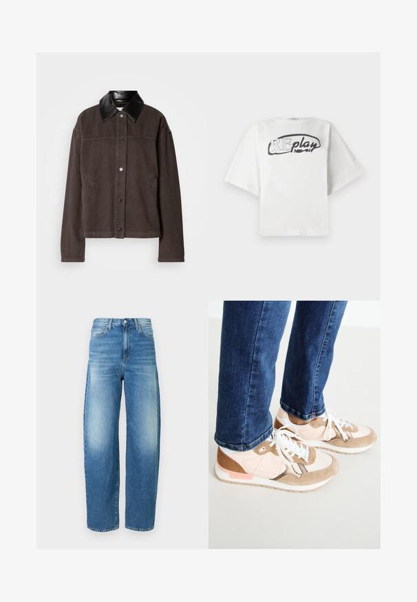 Hnědá bavlněná bunda s černým koženým límcem, předním zapínáním na knoflíky, bočními kapsami a volným střihem.; Replay Triko s potiskem - off white; Světlé modré džíny z denimu s vysokým pasem a širokými nohavicemi. Mají jemné vyblednutí, klasické pětikapsové provedení a zapínání na knoflíky.; Tenisky s kombinací růžové kůže a béžového semiše, s bílými tkaničkami, bílou mezipodešví a texturovanou gumovou podrážkou. Džínové kalhoty jsou mírně zkrácené nad botou.