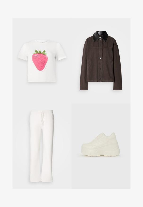 Brown cotton jacket with a black leather collar, front button closure, side pockets, and a relaxed fit.; White cotton t-shirt featuring a large pink strawberry graphic with green leaves, accompanied by the text "GROWING & GLOWING" in a circular design.; White, relaxed-fit sweatpants made of soft fabric, featuring an elastic waistband with a drawstring and straight-leg design.; White platform sneakers featuring a smooth leather-like upper, rounded shape, padded collar, and textured rubber sole with defined treads.