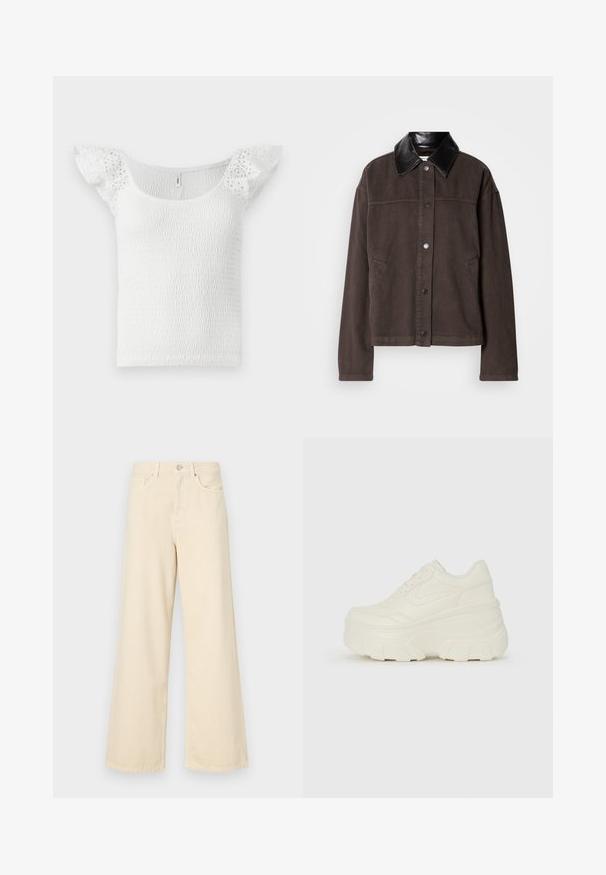 Brown cotton jacket with a black leather collar, front button closure, side pockets, and a relaxed fit.; White top featuring a smocked design, wide neckline, and short, lace-like ruffled sleeves, with a textured surface throughout.; Beige wide-leg jeans made of cotton. Features a button closure, belt loops, and front pockets with a smooth, soft texture.; White platform sneakers featuring a smooth leather-like upper, rounded shape, padded collar, and textured rubber sole with defined treads.