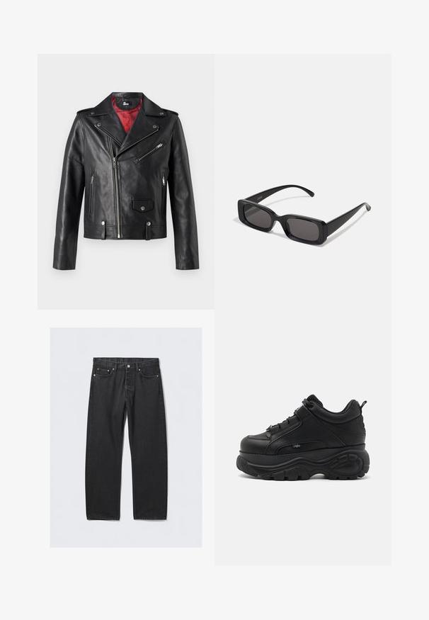 Černá kožená motorkářská bunda se stříbrnými zipy a patentkami, s červenou podšívkou a asymetrickým předním zapínáním.; Černá dlouhá košile s dlouhým rukávem vyrobená z hladké látky, s klopovým zapínáním na knoflíky, límečkem a decentně vyšitou nášivkou na prsou.; Černé džíny z denimu s rovnými nohavicemi, s knoflíkovým zapínáním, pěti kapsami a měděnými akcenty. Hladká textura.; Černé kožené chunky tenisky s masivní gumovou podrážkou, elegantním designem a texturovanými akcenty. Obsahují šněrování a poutko na patě.; Černé obdélníkové sluneční brýle s tmavými skly, lesklým povrchem, širokými ramínky a robustním designem rámu. Vytlačený název značky na jednom ramínku.