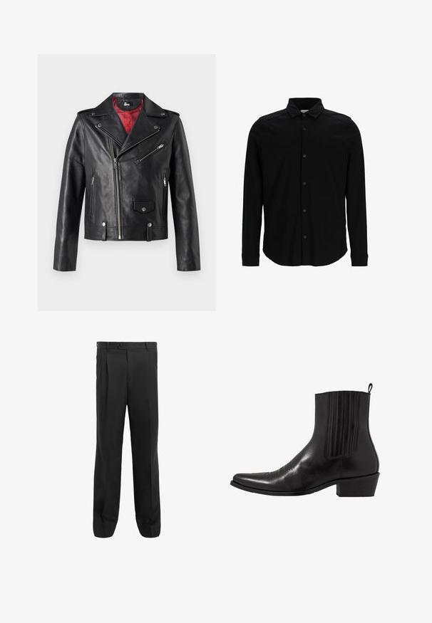 Jachetă de motociclist din piele neagră, cu fermoare și nasturi argentii, având un căptușeală interioară roșie și închidere frontală asimetrică.; Cămașă neagră cu mâneci lungi, confecționată dintr-un material neted, având un guler și un închidere cu nasturi pe față, precum și un logo brodat discret pe piept.; Pantaloni negri cu un design cu picioare drepte, prezentând plii, o închidere cu un singur nasture și bucle pentru curea. Realizați dintr-un material neted.; Cizma de gleznă din piele neagră, cu vârf ascuțit, panouri laterale elastice, accente de cusături verticale și toc bloc mic.