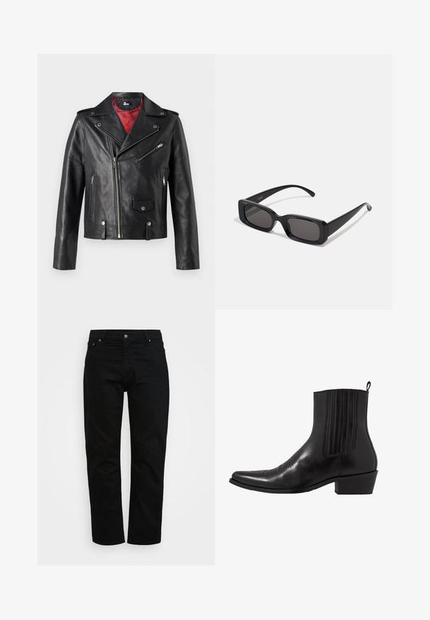 Čierna kožená moto bunda so striebornými zipsami a cvokmi, s červenou podšívkou a asymetrickým predným zapínaním.; Čierna košeľa s dlhým rukávom z hladkej tkaniny, s predným zapínaním na gombíky, golierom a jemne vyšitým logom na hrudi.; Čierne džínsy vyrobené z bavlny, s klasickým strihom, dizajnom s piatimi vreckami a kovovým zapínaním. Hladká textúra s rovnými nohavicami.; Čierne kožené členkové topánky s špičatou špičkou, elastickými bočnými panelmi, vertikálnymi švami a nízkym blokovým podpätkom.; Čierne obdĺžnikové slnečné okuliare s tmavými šošovkami, lesklým povrchom, širokými ramenami a robustným rámovým dizajnom. Vygravírované meno značky na jednom ramene.