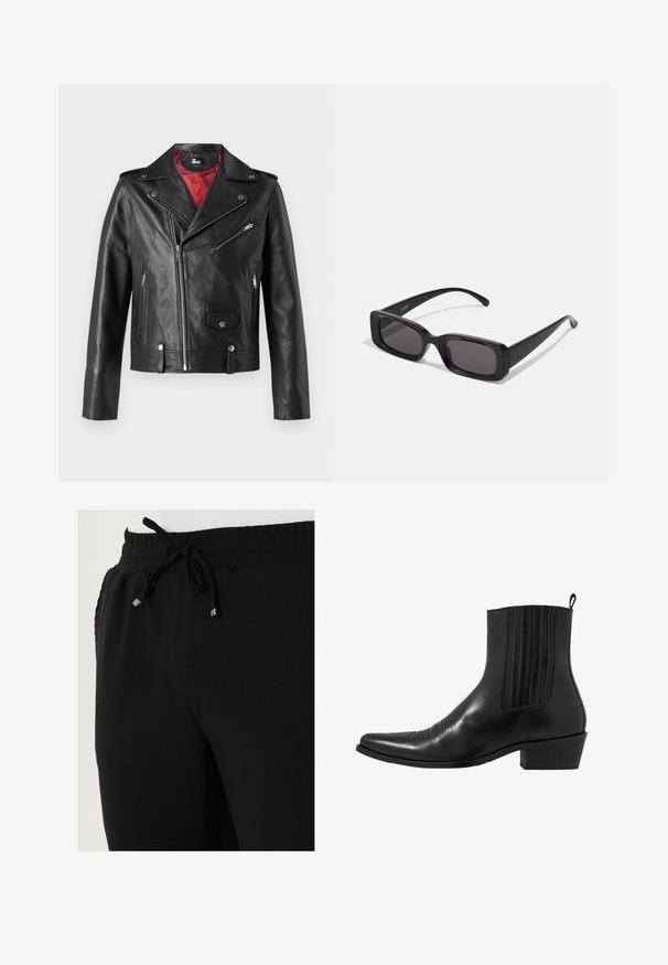 Čierna kožená moto bunda so striebornými zipsami a cvokmi, s červenou podšívkou a asymetrickým predným zapínaním.; Čierna košeľa s dlhým rukávom z hladkej tkaniny, s predným zapínaním na gombíky, golierom a jemne vyšitým logom na hrudi.; Buratti Tepláky - black; Čierne kožené členkové topánky s špičatou špičkou, elastickými bočnými panelmi, vertikálnymi švami a nízkym blokovým podpätkom.; Čierne obdĺžnikové slnečné okuliare s tmavými šošovkami, lesklým povrchom, širokými ramenami a robustným rámovým dizajnom. Vygravírované meno značky na jednom ramene.