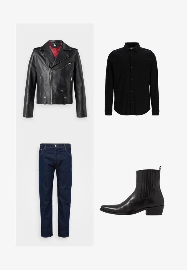Chaqueta de motociclista de cuero negro con cremalleras y botones a presión plateados, con un forro interior rojo y cierre frontal asimétrico.; Camisa negra de manga larga hecha de una tela suave, con frente abotonado, cuello y un discreto logo bordado en el pecho.; Jeans de mezclilla azul oscuro con corte recto, con costuras naranjas y cierre delantero de botón. Diseño clásico de 5 bolsillos.; Bota de cuero negro hasta el tobillo con punta afilada, paneles laterales elásticos, acentos de costura vertical y un tacón bajo y cuadrado.