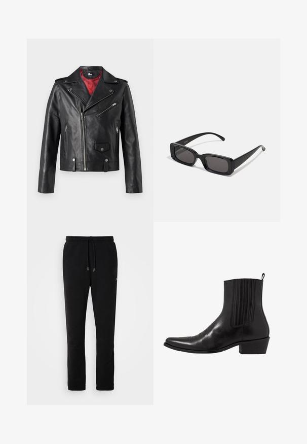 Black leather biker jacket with silver zippers and snap buttons, featuring a red interior lining and asymmetrical front closure.; Black long-sleeve shirt made of smooth fabric, featuring a button-down front, collar, and subtle embroidered logo on the chest.; Black sweatpants made of soft cotton, featuring a drawstring waist, tapered legs, and minimal branding in a subtle design.; Black leather ankle boot with a pointed toe, elastic side panels, vertical stitching accents, and a low block heel.; Black rectangular sunglasses with dark lenses, glossy finish, wide arms, and a chunky frame design. Engraved brand name on one arm.