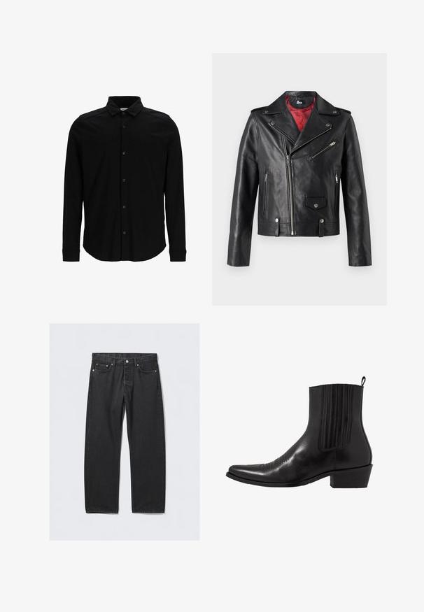 Juodas odinis motociklininko švarkas su sidabriniais užtrauktukais ir spaudėmis, turintis raudoną pamušalą ir asimetrišką priekinį užsegimą.; Juoda ilgos rankovės marškiniai, pagaminti iš glotnaus audinio, su mygtukų užsegimu priekyje, apykakle ir subtiliu išsiuvinėtu logotipu ant krūtinės.; Juodos džinsinės kelnės su tiesiu kirpimu, turinčios mygtukų užtrauktuką, penkias kišenes ir vario spalvos detales. Praeities tekstūra.; Juodas odinis kulkšninis botas su smailiu pirštu, elastingomis šoninėmis dalimis, vertikaliu siuvinėjimu ir žemu stačiakampiu kulnu.