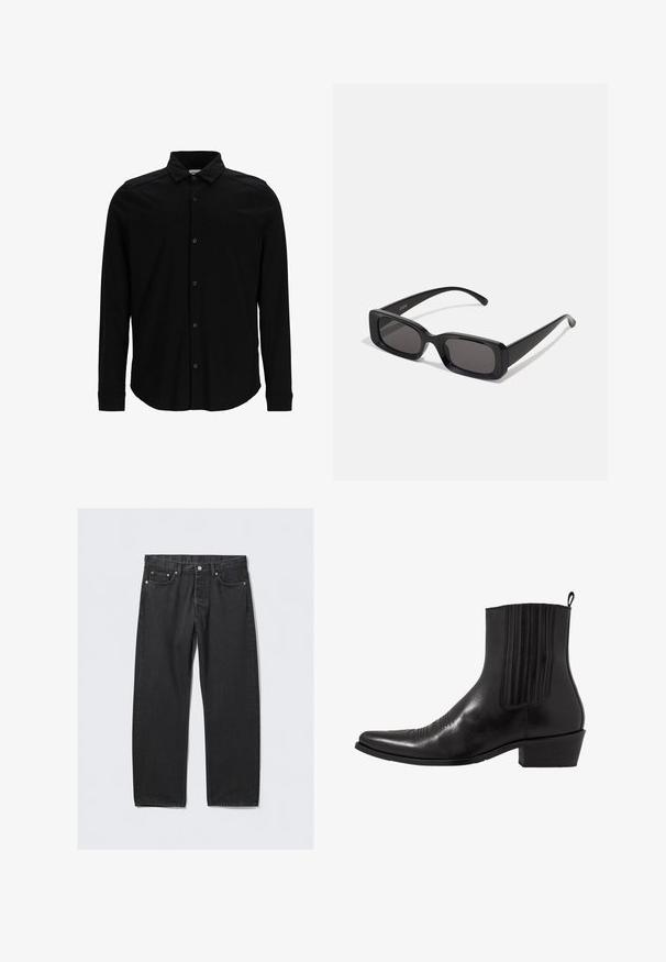 Melnas ādas motociklistu jaka ar sudraba rāvējslēdzējiem un pogām ar spiedpogu, ar sarkanu iekšējo oderi un asimetrisku priekšējo aizdari.; Melna garās piedurknes krekls no gludas auduma, ar pogām aizdare, apkakli un smalku izšuvumu uz krūtīm.; Melni džinsi ar taisno kāju griezumu, ar pogu aizdari, piecām kabatām un vara tonī veidotiem aksesuāriem. Gluda tekstūra.; Melna ādas potītes zābaku ar norādītu pirkstu, elastīgām sānu daļām, vertikālām šuvēm un zemu blokveida papēdi.; Melnas taisnstūrveida saulesbrilles ar tumšiem stikliem, spīdīga apdare, platas kājas un masīvs rāmja dizains. Uz vienas kājas ir iegravēts zīmola nosaukums.