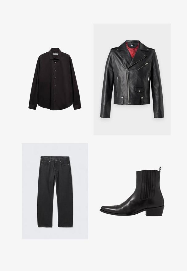 Zwart leren motorjack met zilveren ritsen en drukknoopsluitingen, voorzien van een rode binnenvoering en een asymmetrische voorkeursluiting.; Zwarte lange mouwen overhemd met knopen gemaakt van gladde stof, met een klassieke kraag en knopen aan de voorkant. Geen zichtbare patronen of accenten.; Zwarte denim jeans met een rechte pijp, voorzien van een knoopsluiting, vijf zakken en hardwareaccenten in koperkleur. Soepele textuur.; Zwarte leren enkellaarzen met een spitse neus, elastische zijpanele, verticale stiksels en een lage blokhak.