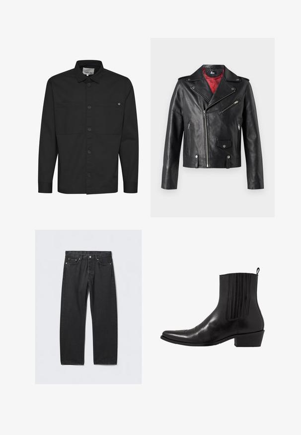 Crna kožna biker jakna sa srebrnim patentnim zatvaračima i dugmadi na preklop, s crvenom unutrašnjom oblogom i asimetričnim prednjim zatvaranjem.; Crna košulja dugih rukava sa gumbićima sprijeda, dva džepa na prsima i oštrim kragnom. Izrađena od glatke tkanine s mat završnom obradom.; Crne traperice s ravnim krojem, s gumbom za zatvaranje, pet džepova i akcentima od bakrene boje. Glatka tekstura.; Crne kožne gležnjače s šiljastim vrhom, elastičnim bočnim panelima, okomitim šavovima i niskom blok petom.