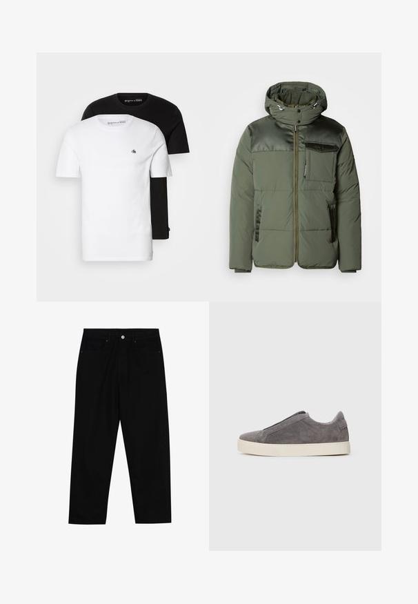Scotch & Soda HOODED JACKET - Vinterjakker - thyme; To bomuld t-shirts: en hvid med et lille logo på brystet og en sort. Begge har korte ærmer og en klassisk rund halsudskæring.; Sorte denimbukser med lige ben, fem lomme-design og knaplukning foran. Glat tekstur med minimale syninger.; Søde slip-on sneakers i grå med en struktureret overflade, elastisk bånd foran og en hvid gummisål. Rent, minimalistisk design.