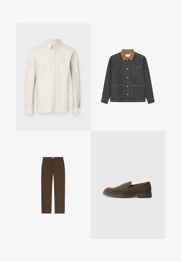 Jeansjakke med en mørkegrå kropp, brun krage, frontknapper og to store frontlommer, med synlige sømdetaljer.; Lyse beige stripete skjorte med knapp-elastisk krage, lange ermer og en subtil logo på brystet. Myk stoff med vertikal ribbet tekstur.; Brune, rette bukser laget av teksturert stoff. Har en frontknapp og beltehemper. Ingen synlige lommer eller mønstre.; Brune semsket loafers med rund tå, en stropp over vampen og en flat gummisåle. Enkel design med rene linjer og minimalt med detaljer.