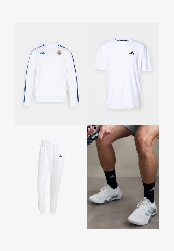 Bijela sportska jakna s plavim prugama, visokim ovratnikom, punim zatvaračem i logotipom Real Madrida na lijevoj strani prsiju. Izrađena od laganog materijala.; Bijela kratkotrajna majica s kratkim rukavima izrađena od tkanine s glatkom teksturom. Sadrži crni adidas logotip na lijevoj strani prsnog koša i uzorak na ovratniku.; Bijele atletske hlače od glatkog materijala, sa elastičnom vrpcom u struku i pripijenim manžetama, sa crnim logom na stražnjem džepu.; Bijele atletske cipele s sivim akcentima, teksturirani materijal i vezanje na vezice. Nosive s crnim čarapama s logotipom.