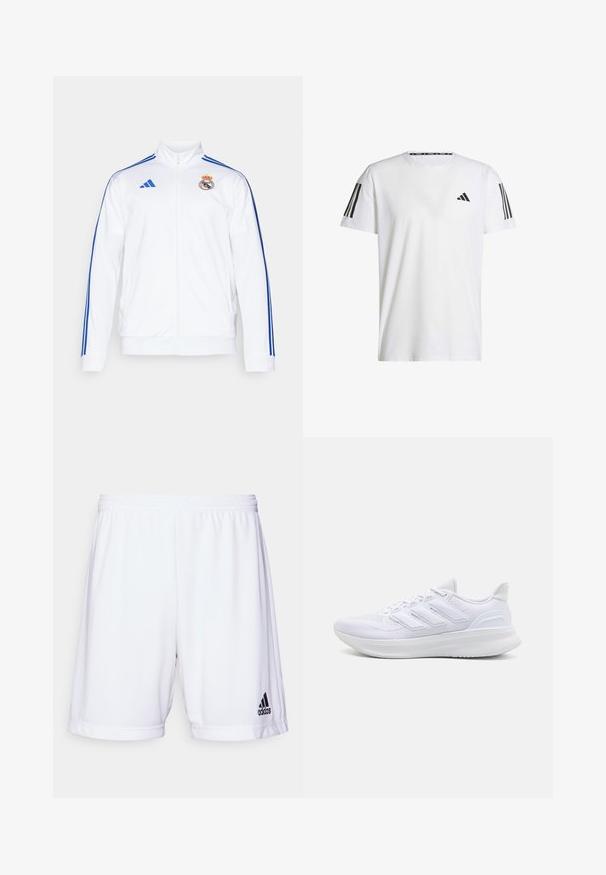 Witte sportjas met blauwe strepen, hoge kraag, volledige rits en Real Madrid-logo op de linkerborst. Gemaakt van lichtgewicht materiaal.; Witte T-shirt met korte mouwen, gemaakt van ademend materiaal, met een zwart driehoekig logo en drie zwarte strepen op elke schouder.; Witte sportshorts met een elastische tailleband, gemaakt van een gladde stof. Bevat een zwart Adidas-logo aan de onderzijde aan de linkerkant.; Witte sportschoenen met een gestructureerde mesh bovenkant, een ondersteunende gevoerde zool en een ontwerp met drie strepen aan de zijkant.