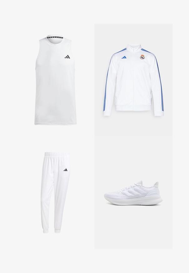 Witte sportjas met blauwe strepen, hoge kraag, volledige rits en Real Madrid-logo op de linkerborst. Gemaakt van lichtgewicht materiaal.; Witte mouwloze sporttanktop van gladde stof. Heeft een zwart logo op de linkerborst en een patroon in de zwarte halslijn.; Witte sportbroek van gladde stof, met een elastische tailleband en smalle taillebanden, voorzien van een zwart logo op de achterzak.; Witte sportschoenen met een gestructureerde mesh bovenkant, een ondersteunende gevoerde zool en een ontwerp met drie strepen aan de zijkant.