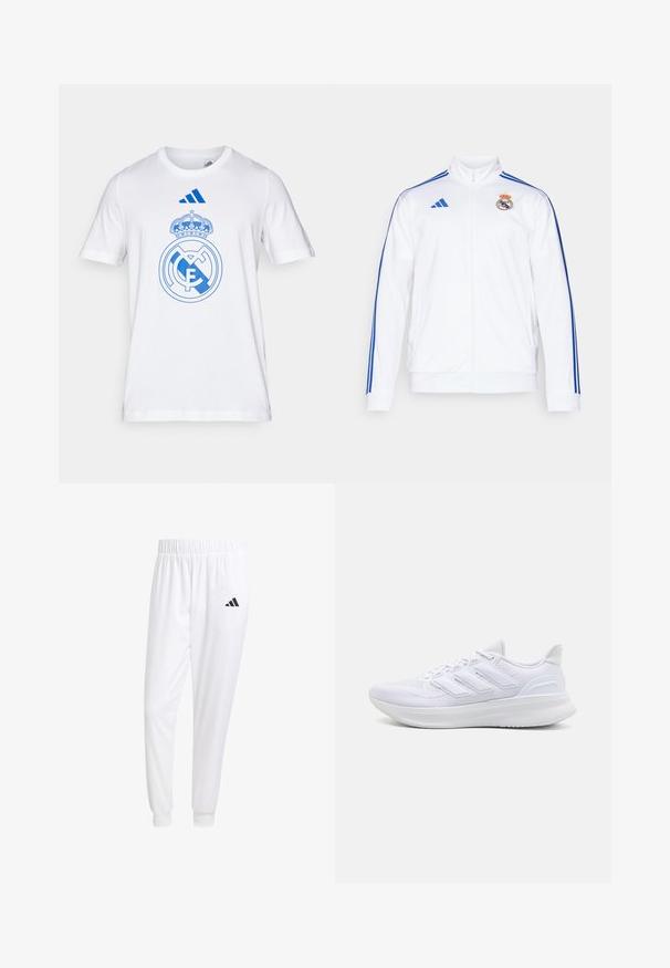 Chaqueta deportiva blanca con rayas azules, cuello alto, cremallera completa y logo del Real Madrid en el lado izquierdo del pecho. Fabricada en material ligero.; Camiseta de algodón blanca con un diseño del logo azul del Real Madrid y una corona. Incluye la marca azul de Adidas en la parte superior del pecho. Mangas cortas.; Pantalones deportivos blancos de tela suave, con cinturilla elástica y puños ajustados, y un logo negro en el bolsillo trasero.; Zapatillas deportivas blancas con una parte superior de malla texturizada, suela acolchada y soporte, y un diseño de tres rayas en el lateral.