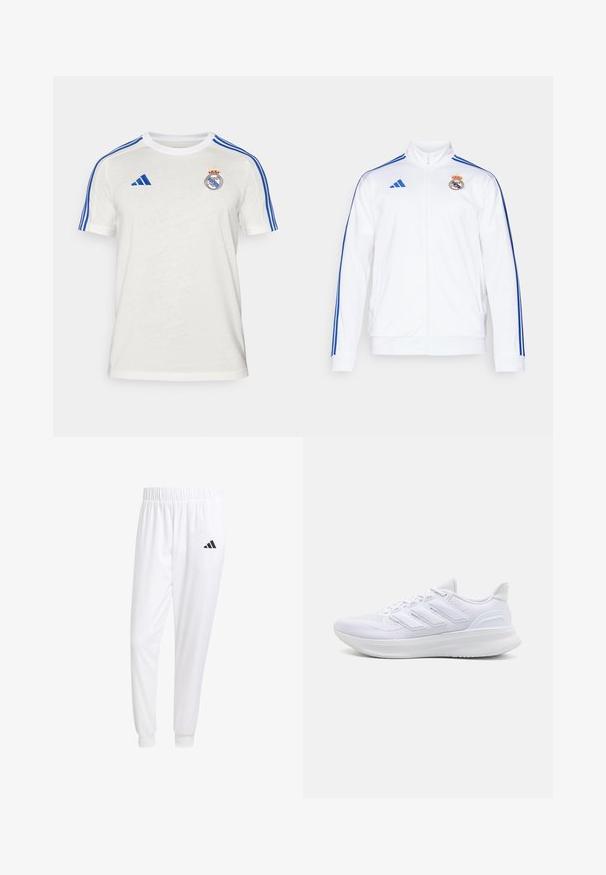 Bílá sportovní bunda se modrými pruhy, vysokým límcem, plným zipem a logem Real Madrid na levé části hrudi. Vyrobena z lehkého materiálu.; Bílá tričko Adidas s modrými pruhy na ramenou, vyšitým klubovým logem na hrudi. Vyrobeno z lehkého materiálu, krátké rukávy.; Bílé sportovní kalhoty vyrobené z hladkého materiálu, s elastickým pasem a přiléhavými manžetami, s černým logem na zadní kapse.; Bílé sportovní boty s texturovaným síťovaným svrškem, podpůrnou polstrovanou podrážkou a třemi pruhy na boku.