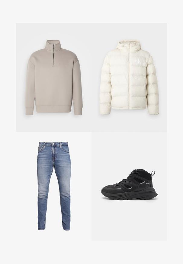 Puffjacka i krämfärg, med dragkedja, justerbar huva och subtil logotyp. Tillverkad av mjukt, vadderat material med en slät yta.; Ljusbeige kvartdraget sweatshirt i mjukt tyg, med hög krage och broderad logga på bröstet. Avslappnad passform, minimalistisk design.; Blå slim-fit jeans med fem fickor, blekt tvätt, knäppning och bälteshål, uppvisade mot en vit bakgrund.; Svarta vandringsskor med ett flerskiktat mönster, texturerat tyg och gummisula, med förstärkta områden och snörning fram.