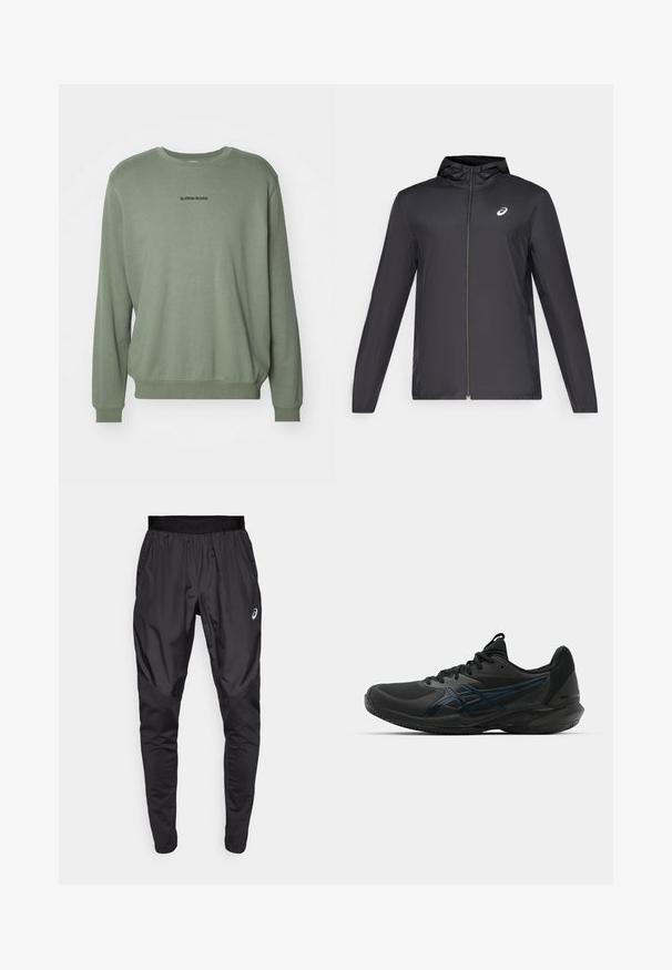 Casaco leve preto com capuz, fecho frontal, mangas longas e um pequeno logotipo no peito. Tecido suave e resistente à água.; Sweatshirt verde com gola redonda, mangas longas e punhos canelados. Pequeno logótipo preto "BJÖRN BORG" no peito. Material de algodão macio.; Calças atléticas pretas com uma cintura elástica, bolsos laterais e painéis de textura contrastante nas pernas. Logo da Asics no quadril.; ASICS SOLUTION SPEED FF 3 CLAY - Sapatilhas para ténis em terra batida - black/prism blue
