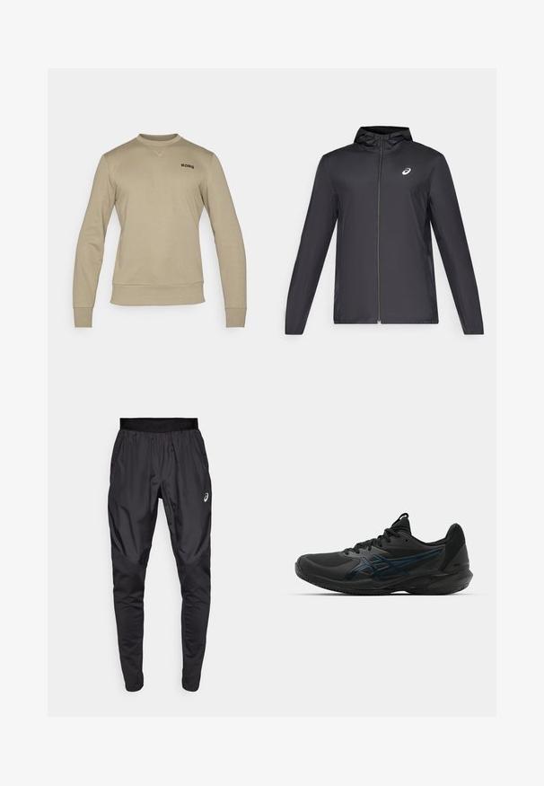 Czarna, lekka kurtka z kapturem, z zamek błyskawicznym z przodu, długimi rękawami i małym logo na klatce piersiowej. Gładki, wodoodporny materiał.; Beżowy sweter z długimi rękawami, ściągaczami przy mankietach i u dołu. Posiada subtelną okrągłą szyję oraz czarną logo "BORG" na klatce piersiowej.; Czarne spodenki sportowe z elastycznym paskiem w talii, bocznymi kieszeniami oraz kontrastującymi panelami teksturującymi na nogawkach. Logo Asics na biodrze.; ASICS SOLUTION SPEED 3 CLAY czarny