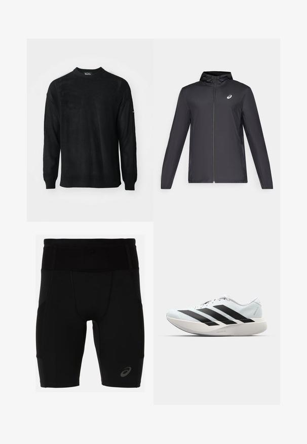 Casaco leve preto com capuz, fecho frontal, mangas longas e um pequeno logotipo no peito. Tecido suave e resistente à água.; Suéter preto de malha com decote redondo, mangas longas e punhos canelados. Apresenta um padrão texturizado e um corte descontraído.; Calções atléticos pretos com um design ajustado, feitos de um material suave. Apresentam uma cintura alta e um pequeno logo na parte inferior da perna esquerda.; Tênis de corrida leves em azul pálido com riscas pretas. Apresentam um cabedal liso, bico redondo e uma entressola espessa branca rotulada como "LIGHTSTRIKE PRO."