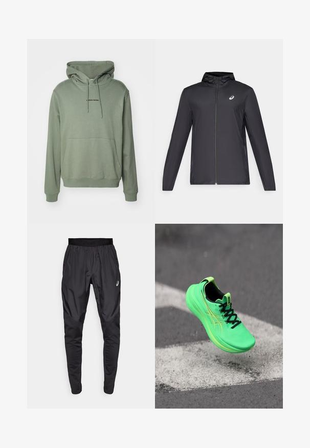 Casaco leve preto com capuz, fecho frontal, mangas longas e um pequeno logotipo no peito. Tecido suave e resistente à água.; Björn Borg CLASSIC HOODIE - Sweatshirt com capuz - agave green; Calças atléticas pretas com uma cintura elástica, bolsos laterais e painéis de textura contrastante nas pernas. Logo da Asics no quadril.; Sapatilha desportiva verde com um upper texturizado, atacadores pretos e detalhes amarelos. Design leve com uma sola almofadada, posicionada no ar.