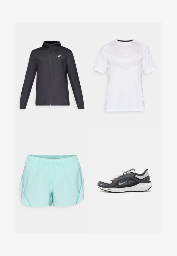 Černá lehká bunda s kapucí, předním zipem, dlouhými rukávy a malým logem na hrudi. Hladká, voděodolná tkanina.; Bílý sportovní tričko s krátkým rukávem a texturovaným geometrickým vzorem na přední straně, vyrobené z lehkého materiálu, s kulatým výstřihem a volným střihem.; Světlé tyrkysové sportovní šortky s elastickým pasem, bočními síťovinovými panely a malým logem na spodní části předního dílu. Hladká textura a volný střih.; Černá a šedá sportovní obuv s vrškem z prodyšné síťoviny, reflexními akcenty a bílou mezipodešví. Obsahuje texturovanou gumovou podrážku a tkaničky.