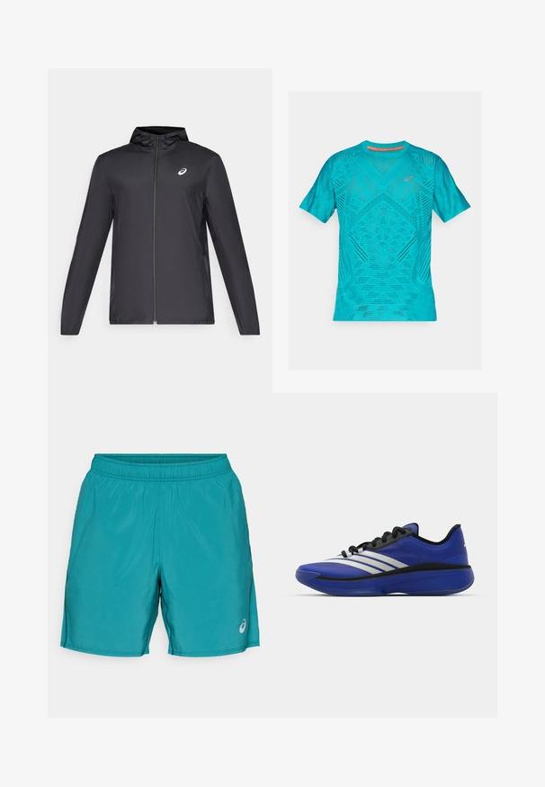 Black lightweight jacket with a hood, front zipper, long sleeves, and a small logo on the chest. Smooth, water-resistant fabric.; Turquoise athletic t-shirt with short sleeves, featuring a textured, breathable mesh design and reflective accents on the chest.; Turquoise athletic shorts with an elastic waistband, side seam pockets, and a reflective logo on the lower right leg. Smooth, lightweight fabric.; adidas Performance ADIZERO SELECT 3.0 - Basketball shoes - lucid blue/core black/metallic