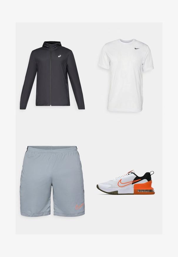 Schwarze, leichte Jacke mit Kapuze, Frontreißverschluss, langen Ärmeln und kleinem Logo auf der Brust. Glattes, wasserabweisendes Material.; Weißes T-Shirt mit kurzen Ärmeln aus glattem Stoff. Verfügt über einen runden Halsauschnitt und ein kleines schwarzes Nike-Logo auf der linken Brust.; Hellgraue Sportshorts mit schwarzen Seitenpanelen, elastischem Bund und einem strukturierten Mesh-Saum. Mit einem orangen Nike-Logo auf dem linken Bein.; Weißer Sportschuh mit einem strukturierten Mesh-Obermaterial, schwarzen und orangefarbenen Akzenten, einer dicke Gummisohle und einem klaren Luftkissenbereich an der Ferse.