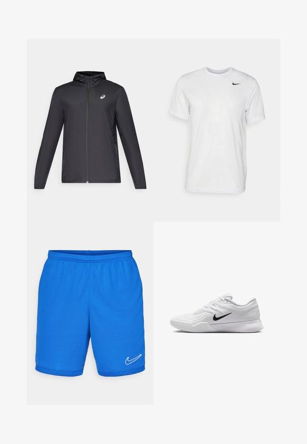 Čierna ľahká bunda s kapucňou, predným zipsom, dlhými rukávmi a malým logom na hrudi. Hladká, vodeodolná látka.; Biela krátka tričko s krátkymi rukávmi vyrobené z hladkej látky. Má okrúhly výstrih a malé čierne logo Nike na ľavej hrudi.; Modré športové šortky s elastickým pásom, vyrobené z hladkej látky. Obsahujú biele logo Nike na dolnej pravej strane a sieťové akcenty.; Biele športové topánky s textúrovaným sieťovaným zvrškom, čiernym logom Nike, polstrovaným golierom a gumovou podrážkou so vzorom dezénu.