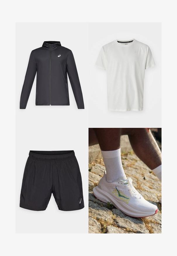 Melns viegls mētelis ar kapuci, priekšējais rāvējslēdzis, gari piedurknes un mazs logo uz krūtīm. Gluda, ūdensizturīga auduma.; ASICS GAME - Pamata T-krekls - cream; Melnas sporta šortus, kas izgatavoti no viegla materiāla, ar elastīgu jostu un mazu logotipu apakšējā kreisajā pusē.; HOKA MACH 6 - Apavi skriešanai pa asfaltu - white/nimbus cloud